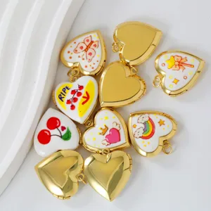 Messing Herz Medaillon Anhänger emailliert Vintage Gold Herz Charms Schmuck DIY Basteln