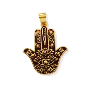Gold-plated brass Hamsa hand pendant close-up view, featuring enamel and evil eye design.