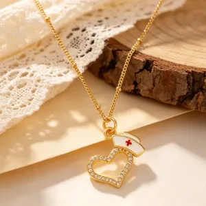 Gold nurse hat heart rhinestone pendant necklace dainty fashion jewelry for women.