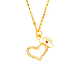 Gold nurse cap heart rhinestone necklace for women fashion jewelry elegant pendant gift accessory