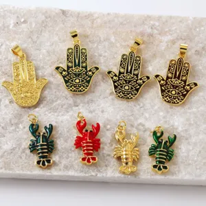 Brass 18K gold plated enamel Hamsa hand and lobster charms for DIY necklace jewelry accessories