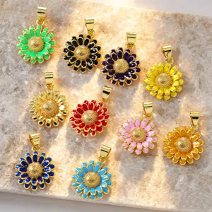 Colorful enamel sunflower pendant charm details, gold-plated copper necklace accessories.