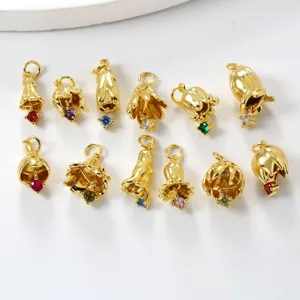 18K gold brass flower pendant charms with colorful cubic zirconia for DIY jewelry making details.