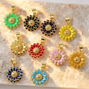 Colorful enamel sunflower pendants set, copper gold-plated flower charms for DIY necklaces.