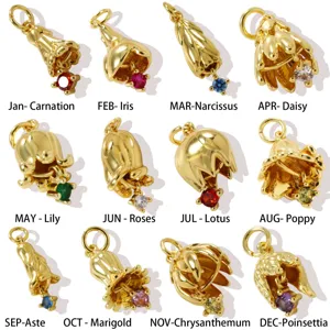 18K Gold Plated Brass Birth Month Flower Charm Pendants Birthstone Zirconia Inlaid Pendants For DIY Necklace Jewelry Making Accessories For Women Gift
