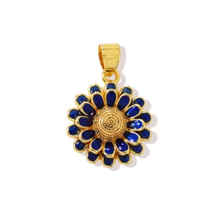 Close-up detail of the gold-plated copper blue enamel sunflower pendant, exquisite texture.
