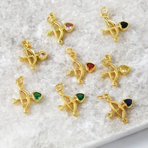 Gold brass bow and arrow heart birthstone charm pendant for DIY necklace jewelry making.