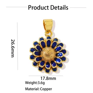 Gold-plated copper blue enamel sunflower pendant necklace charm for women jewelry gifts.