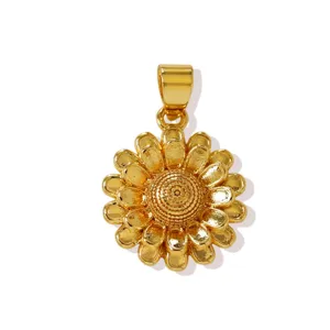 Close-up detail of a golden sunflower pendant, delicate metal texture and exquisite craftsmanship.