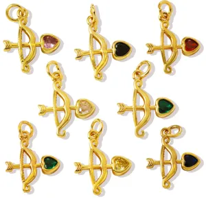 Gold Brass Cupid Bow Arrow Heart Zirconia Birthstone DIY Pendant Necklace Jewelry Accessory