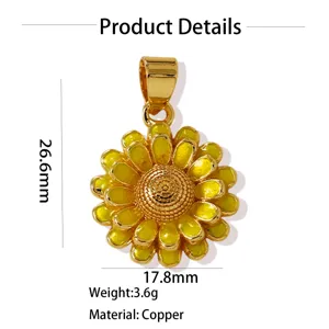 Gold plated copper sunflower pendant charm detailed view, elegant floral necklace accessory.