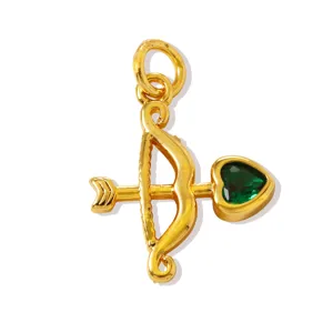 Gold Cupid bow and arrow green heart zircon pendant detail charm for DIY handmade jewelry necklace.