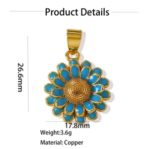 Gold plated copper blue enamel sunflower flower pendant charm necklace jewelry accessory.