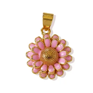 Gold-plated pink enamel flower pendant charm for stylish necklace jewelry DIY craft