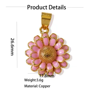 Close-up detail of gold-plated copper pink enamel sunflower pendant, showing precise dimensions.