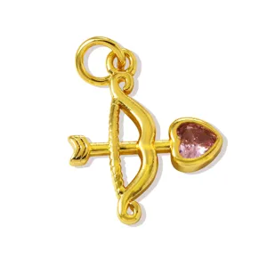 Gold cupid bow arrow pendant close-up, pink heart crystal rhinestone DIY jewelry necklace charm