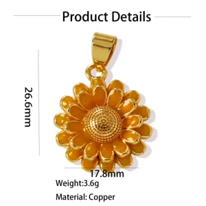 Golden sunflower pendant copper enamel charm necklace women jewelry accessory detail