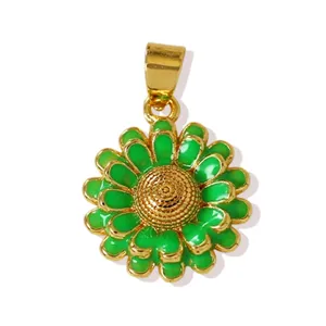 Detailed shot of gold-plated green enamel sunflower pendant, exquisite texture and shiny finish.