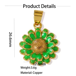 Green enamel sunflower pendant copper gold plated charm necklace jewelry detail view