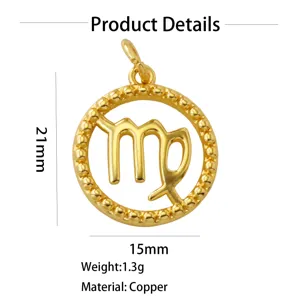 Gold plated copper Virgo zodiac sign pendant detail view, 21x15mm, lightweight charm.