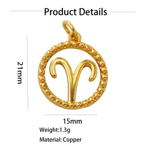Close-up view of the gold-plated brass Aries pendant, displaying clear dimensions and sizing.