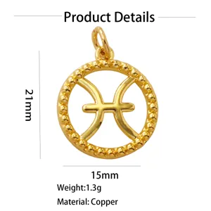Pisces zodiac pendant detail shot, gold plated copper, beaded round frame, 21x15mm size.