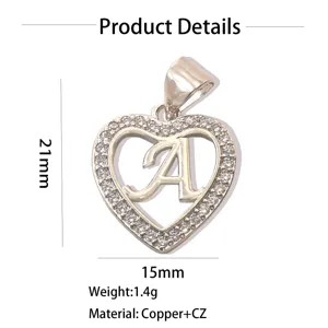 Heart shape letter A pendant copper CZ sparkling stone jewelry accessory fashion gift item