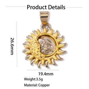 Vue détaillée du pendentif visage de soleil en laiton bicolore pour colliers DIY et bijoux.