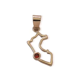 Detail view of a stylish metal map outline pendant with a red stone accent for DIY necklace.