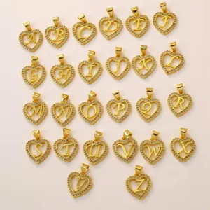 A-Z alphabet heart pendant charms, brass 18k gold plated with cubic zirconia detail.