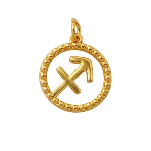 Detailed view of the gold plated Sagittarius zodiac charm with delicate beaded circle design.