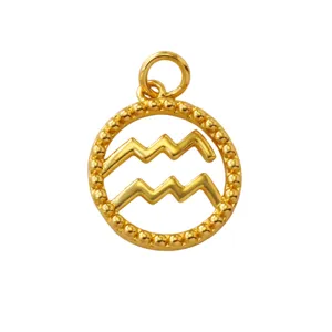 Close up of 18k gold plated brass Aquarius zodiac pendant with delicate beaded circle frame.