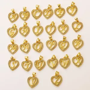 Gold plated brass heart letter pendants A to Z with sparkling cubic zirconia, DIY jewelry parts.