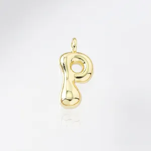 Gold puffed letter P pendant, cute puffy alphabet charm for stylish custom necklaces and jewelry.