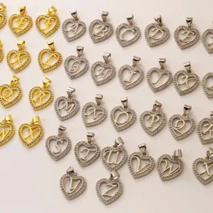 Gold and silver 26 letter heart pendant set, pavé cubic zirconia DIY jewelry piece.