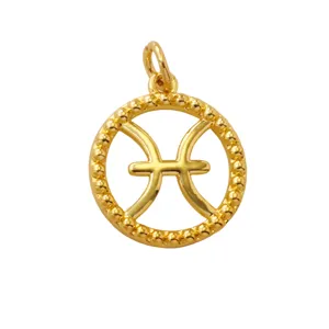 Gold plated brass Pisces zodiac sign charm detail, beaded round frame jewelry accessory
