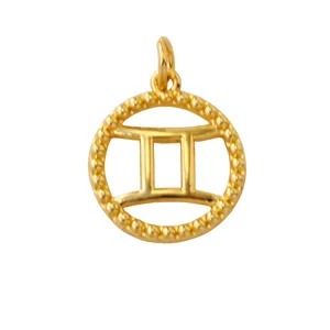 Close-up detail of the 18k gold plated brass Gemini zodiac pendant with beaded rim.