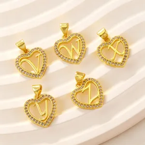 Gold plated heart letter charms with cubic zirconia, DIY initial pendant jewelry for necklace.