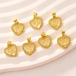 Gold plated brass heart letter pendant sparkling crystal alphabet DIY jewelry charm necklace