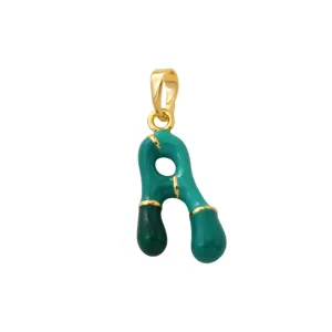Gold-plated brass green enamel letter A pendant detail shot for trendy streetwear.
