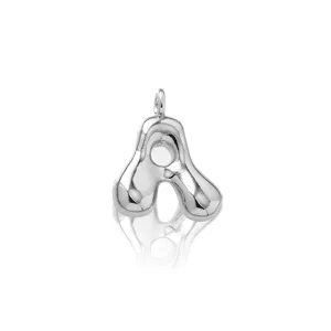 Silver balloon letter pendant closeup, cute puffy alphabet charm for stylish necklaces.