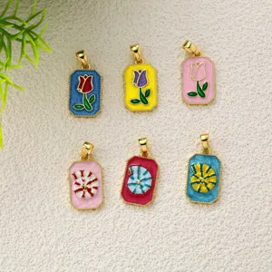 Ciondolo Carta dei Tarocchi in Rame e Smalto Senza Catena Tulipan Conchiglia Fiore Charm Accessori per Creazione Gioielli DIY Collana Donna
