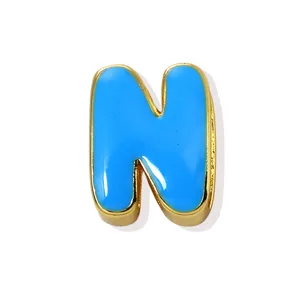 Blue enamel letter N pendant, gold plated copper fashion charm for DIY handmade jewelry.