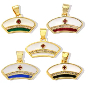 Gold plated nurse cap pendant with rhinestones and colorful enamel for DIY jewelry making.