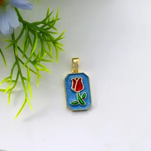 Ciondolo tulipano in smalto, design dorato rettangolare per accessori gioielli collana fai da te.