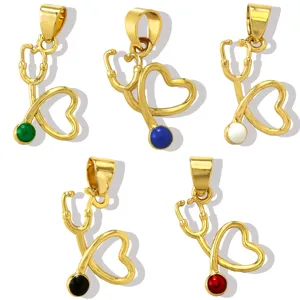 Gold stethoscope heart pendant DIY jewelry accessory with colorful drops for necklace bracelet