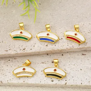 Close-up view of enamel nurse cap pendants with glittering rhinestones and vibrant colors.