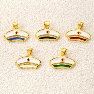 Gold nurse hat enamel charms with red cross, DIY pendant for necklace bracelet jewelry making.