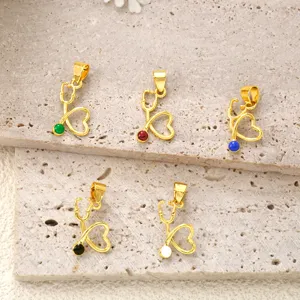 Gold plated stethoscope heart pendant DIY jewelry accessory, nurse theme necklace charm, 5 colors.