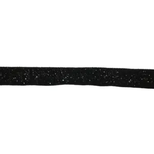 Close-up detail of black glitter velvet ribbon, showing sparkling metallic texture and fabric.